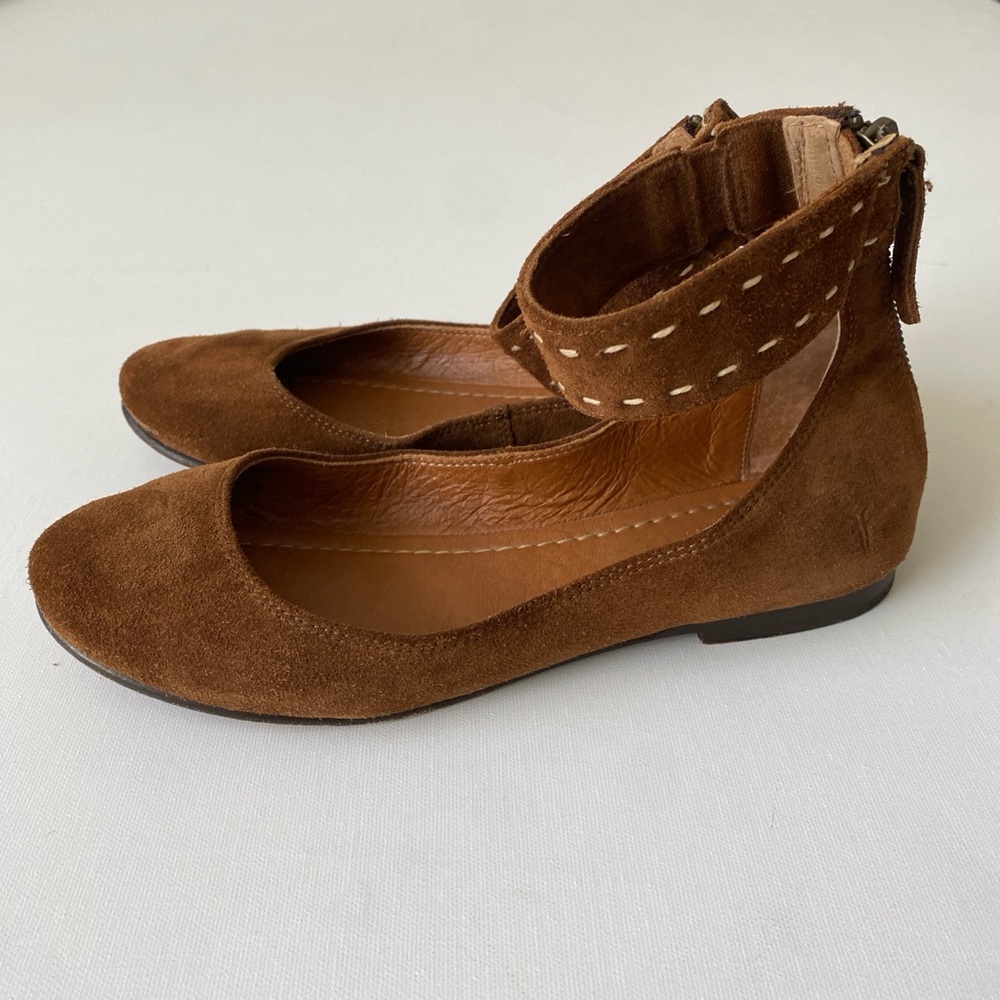 Frye Brown Suede Ankle-Strap Ballet Flats sz 8.5 Preowned